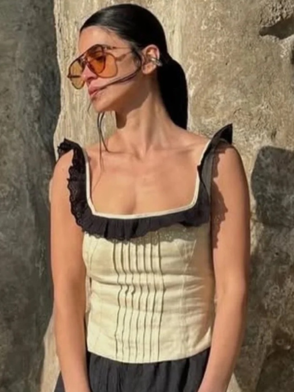 Square-Neck Ruffle-Trim Camisole in Cream with Black Trim